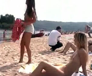 Ukrainian naturist beach, 2 young lady gals bare in public